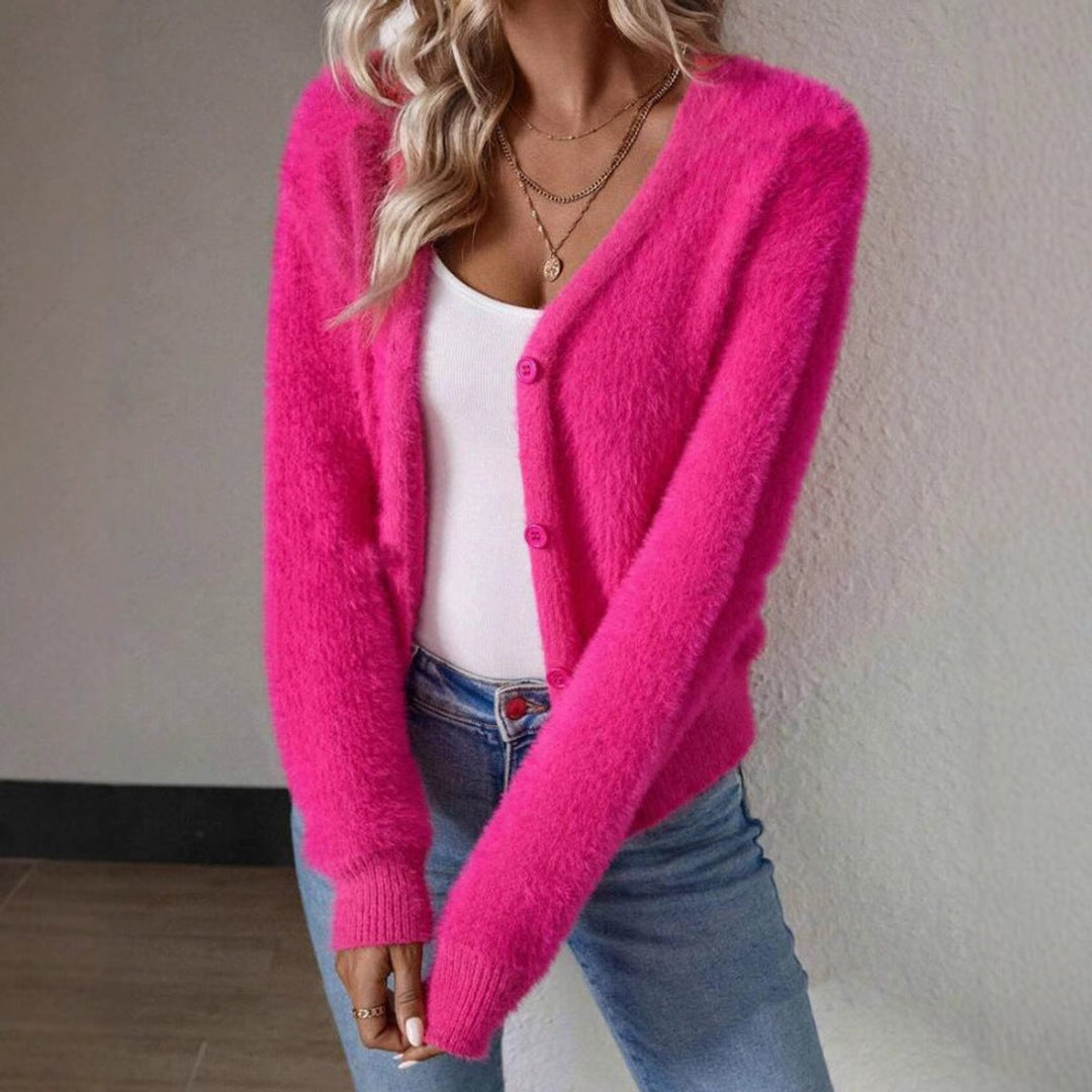 Women's Fluffy V-Neck Button-Front Knit Cardigan Relaxed Cozy Sweater