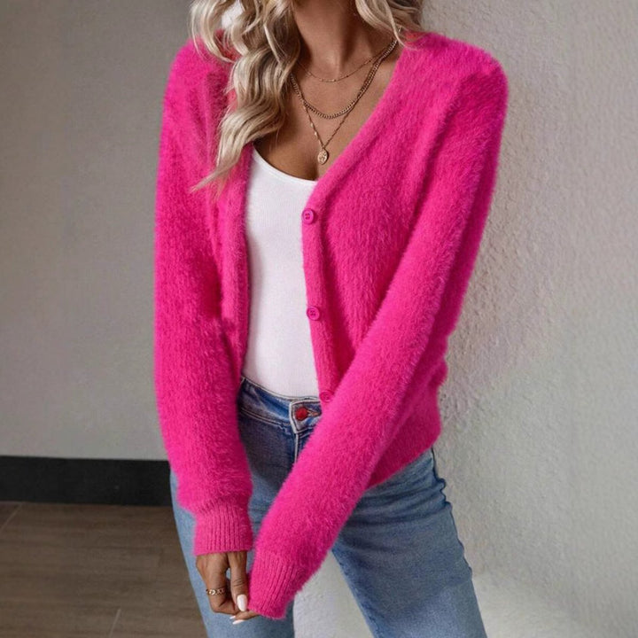 Women's Fluffy V-Neck Button-Front Knit Cardigan Relaxed Cozy Sweater