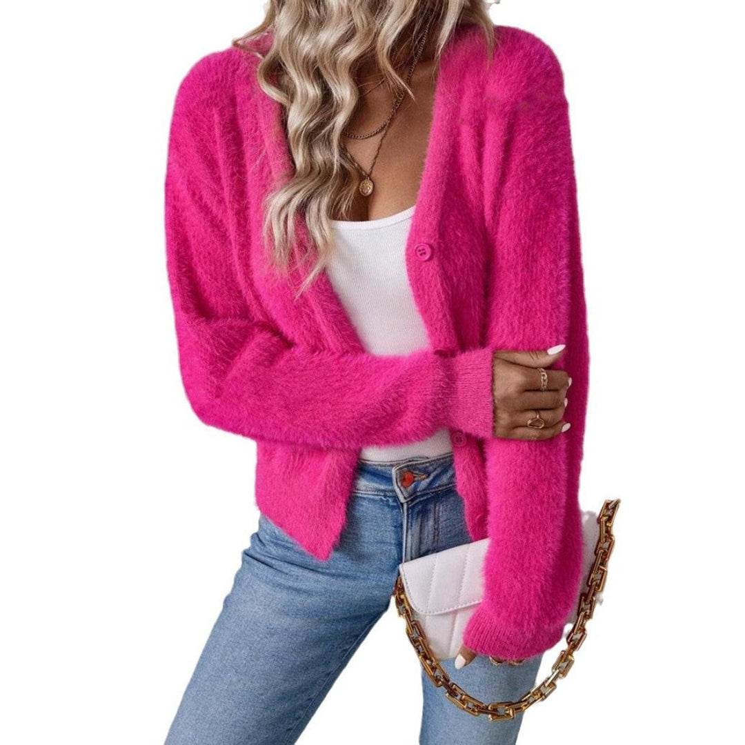 Women's Fluffy V-Neck Button-Front Knit Cardigan Relaxed Cozy Sweater