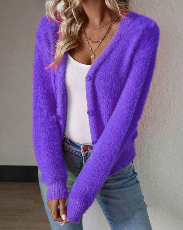 Women's Fluffy V-Neck Button-Front Knit Cardigan Relaxed Cozy Sweater