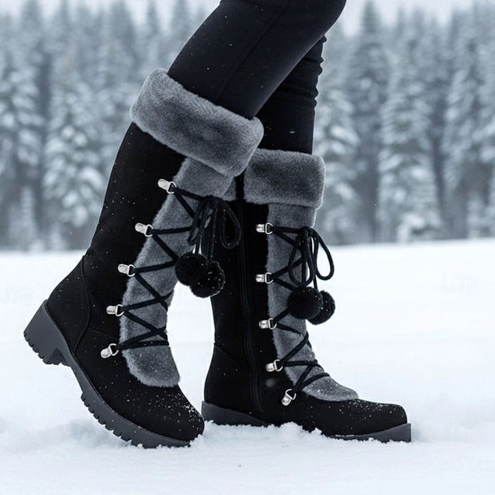 Women's Suede Snow Boots Fur Cuff Lace-Up Pom-Pom Lug Sole Tall Warm