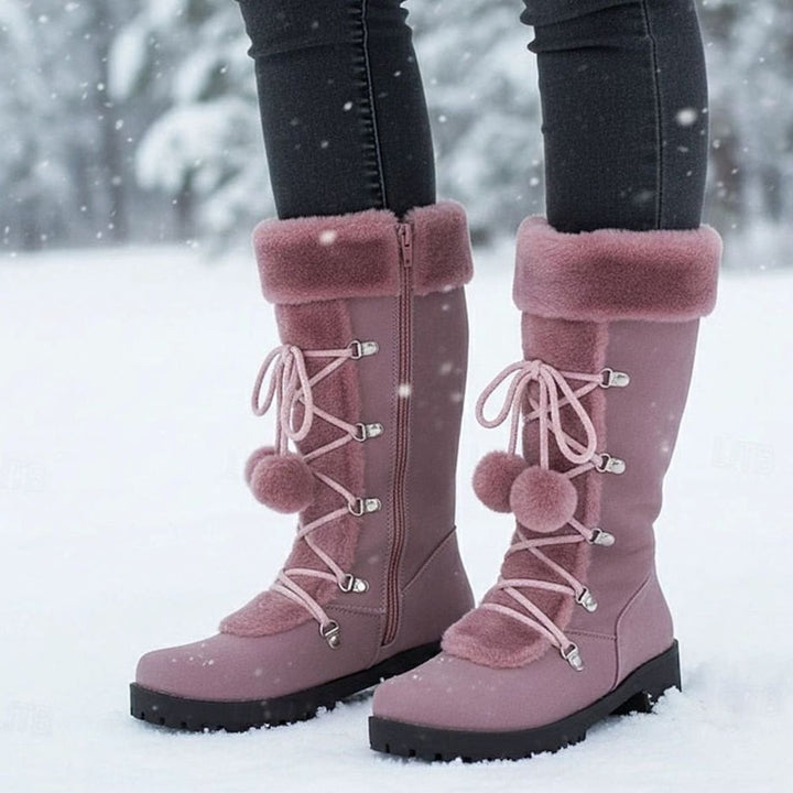 Women's Suede Snow Boots Fur Cuff Lace-Up Pom-Pom Lug Sole Tall Warm