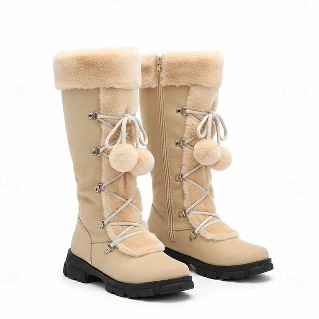 Women's Suede Snow Boots Fur Cuff Lace-Up Pom-Pom Lug Sole Tall Warm