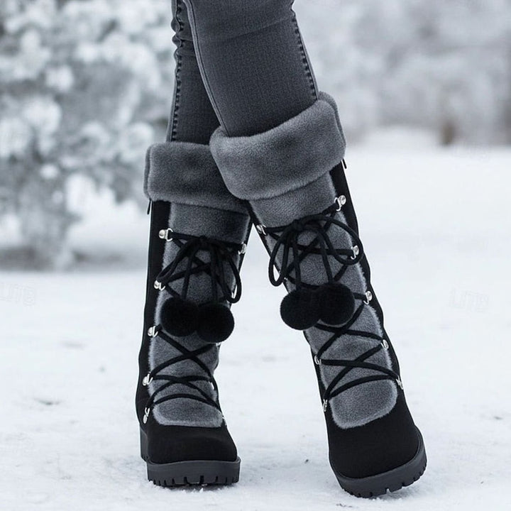 Women's Suede Snow Boots Fur Cuff Lace-Up Pom-Pom Lug Sole Tall Warm