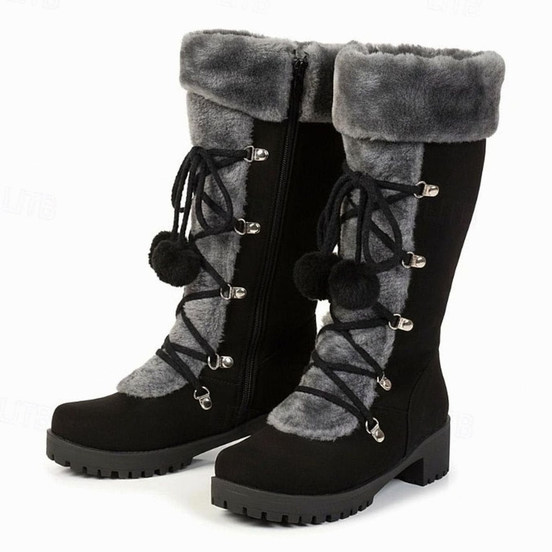 Women's Suede Snow Boots Fur Cuff Lace-Up Pom-Pom Lug Sole Tall Warm