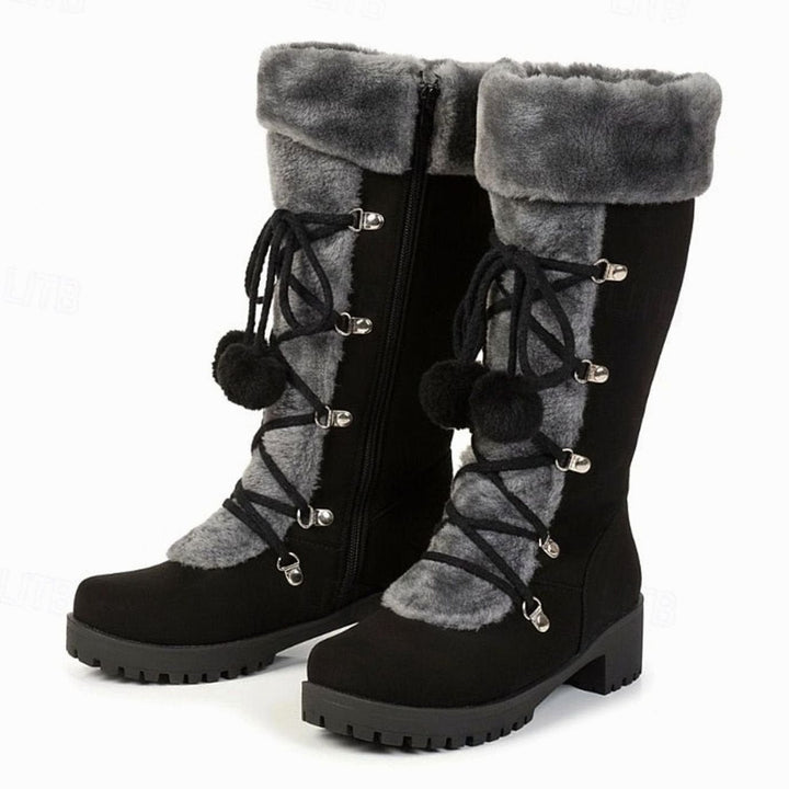 Women's Suede Snow Boots Fur Cuff Lace-Up Pom-Pom Lug Sole Tall Warm