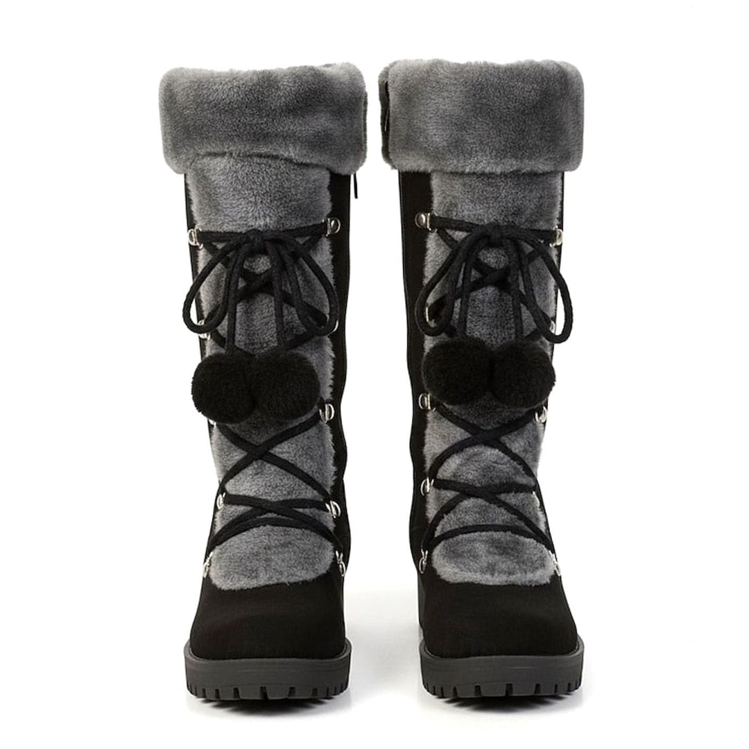 Women's Suede Snow Boots Fur Cuff Lace-Up Pom-Pom Lug Sole Tall Warm