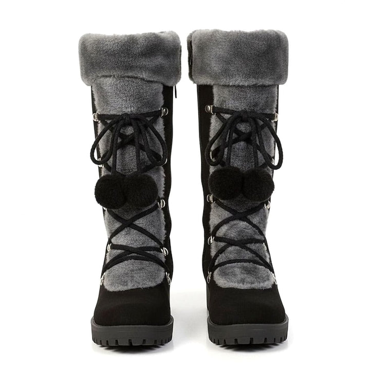 Women's Suede Snow Boots Fur Cuff Lace-Up Pom-Pom Lug Sole Tall Warm