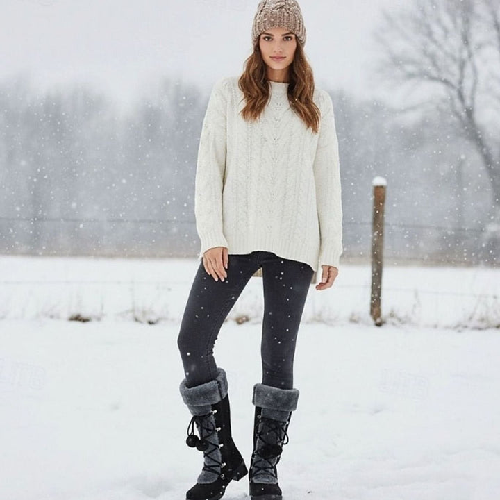 Women's Suede Snow Boots Fur Cuff Lace-Up Pom-Pom Lug Sole Tall Warm