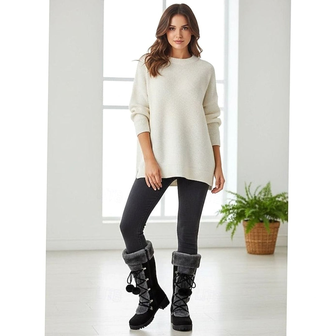 Women's Suede Snow Boots Fur Cuff Lace-Up Pom-Pom Lug Sole Tall Warm