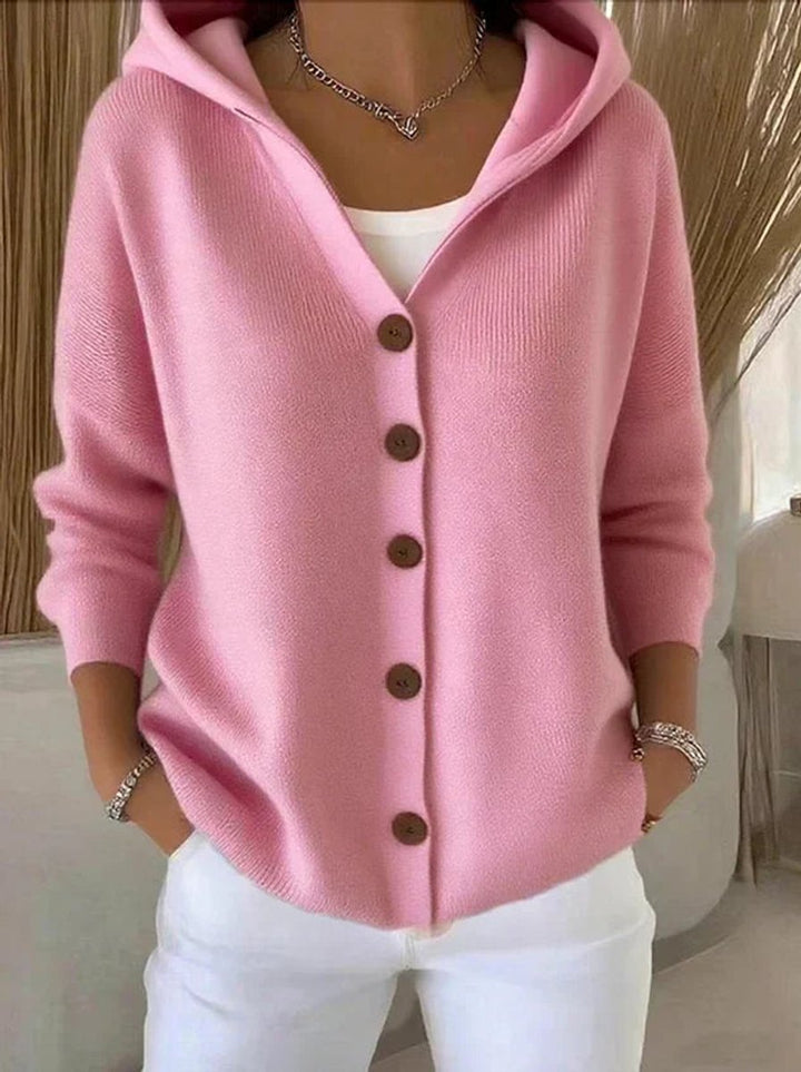 Women's Hooded Button-Front Knit Cardigan Relaxed Ribbed Sweater