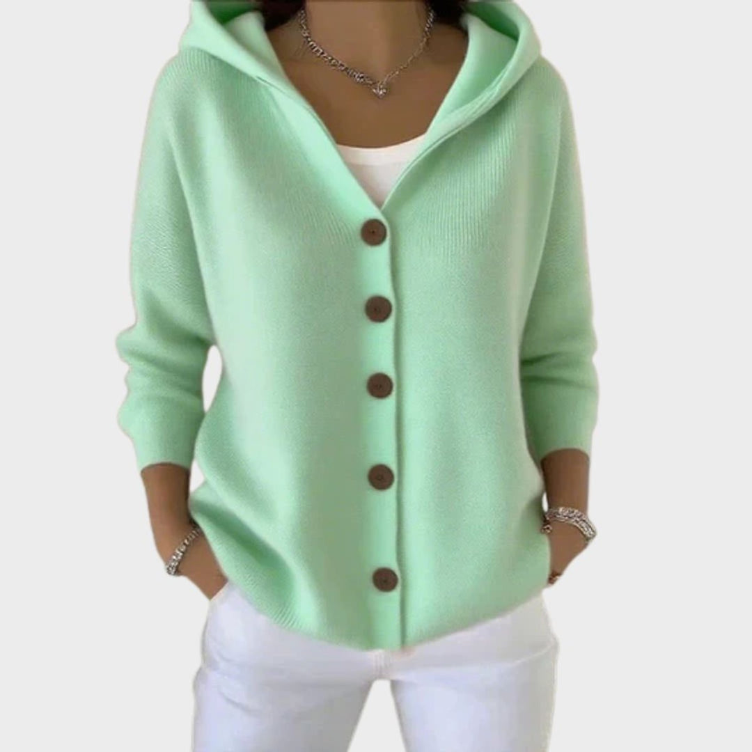 Women's Hooded Button-Front Knit Cardigan Relaxed Ribbed Sweater