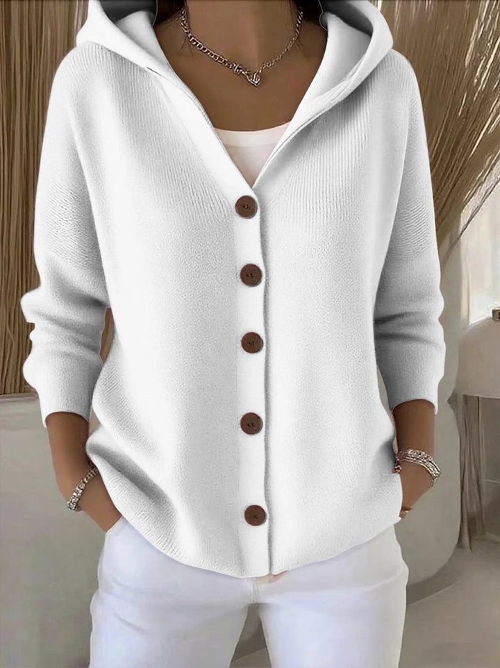 Women's Hooded Button-Front Knit Cardigan Relaxed Ribbed Sweater
