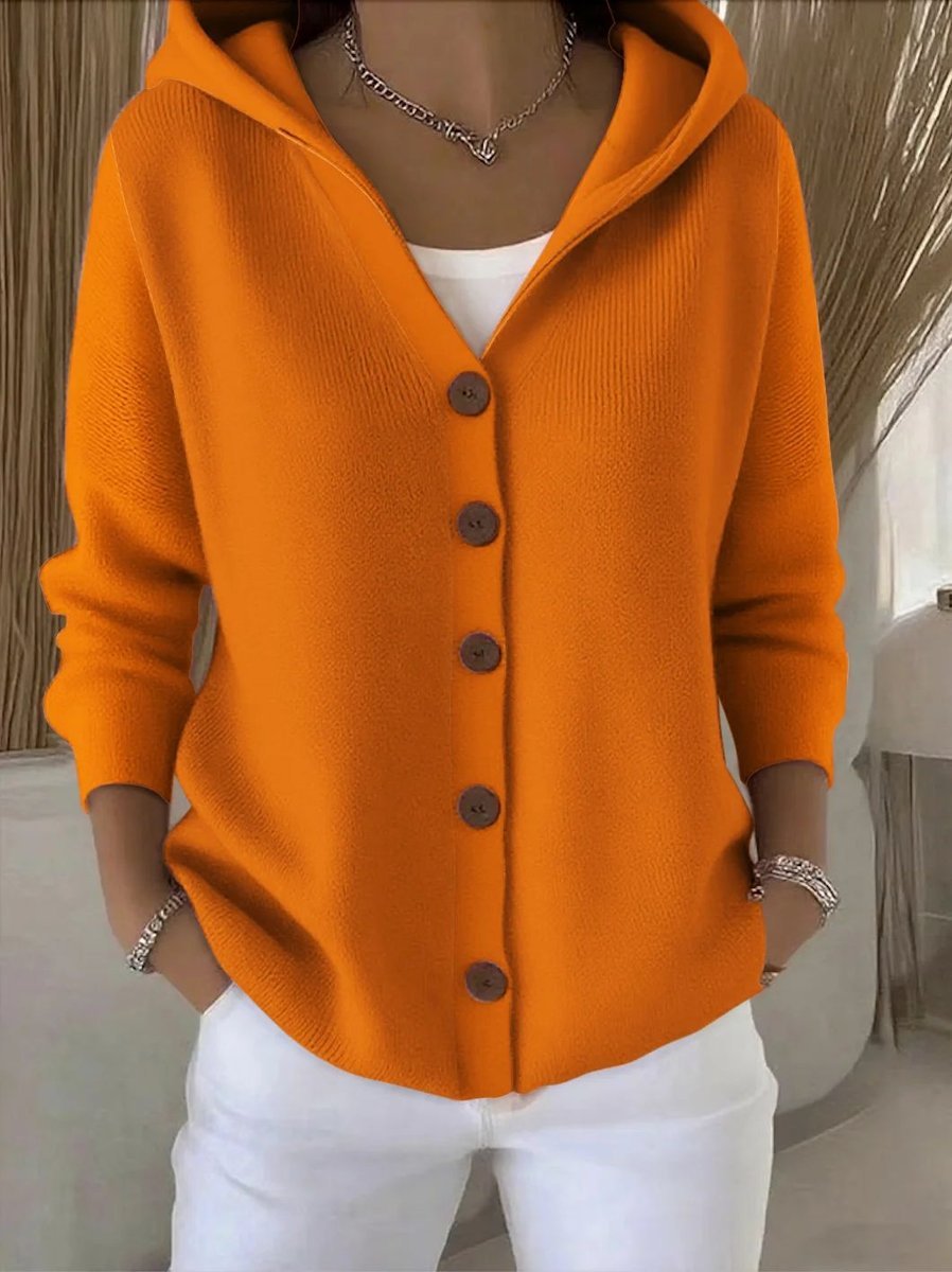 Women's Hooded Button-Front Knit Cardigan Relaxed Ribbed Sweater