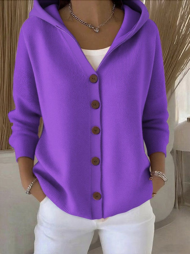Women's Hooded Button-Front Knit Cardigan Relaxed Ribbed Sweater