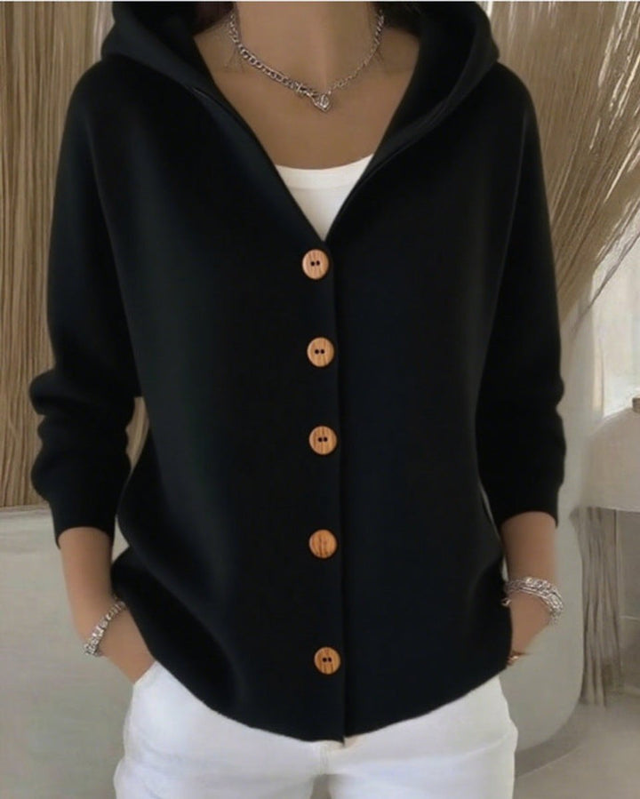 Women's Hooded Button-Front Knit Cardigan Relaxed Ribbed Sweater