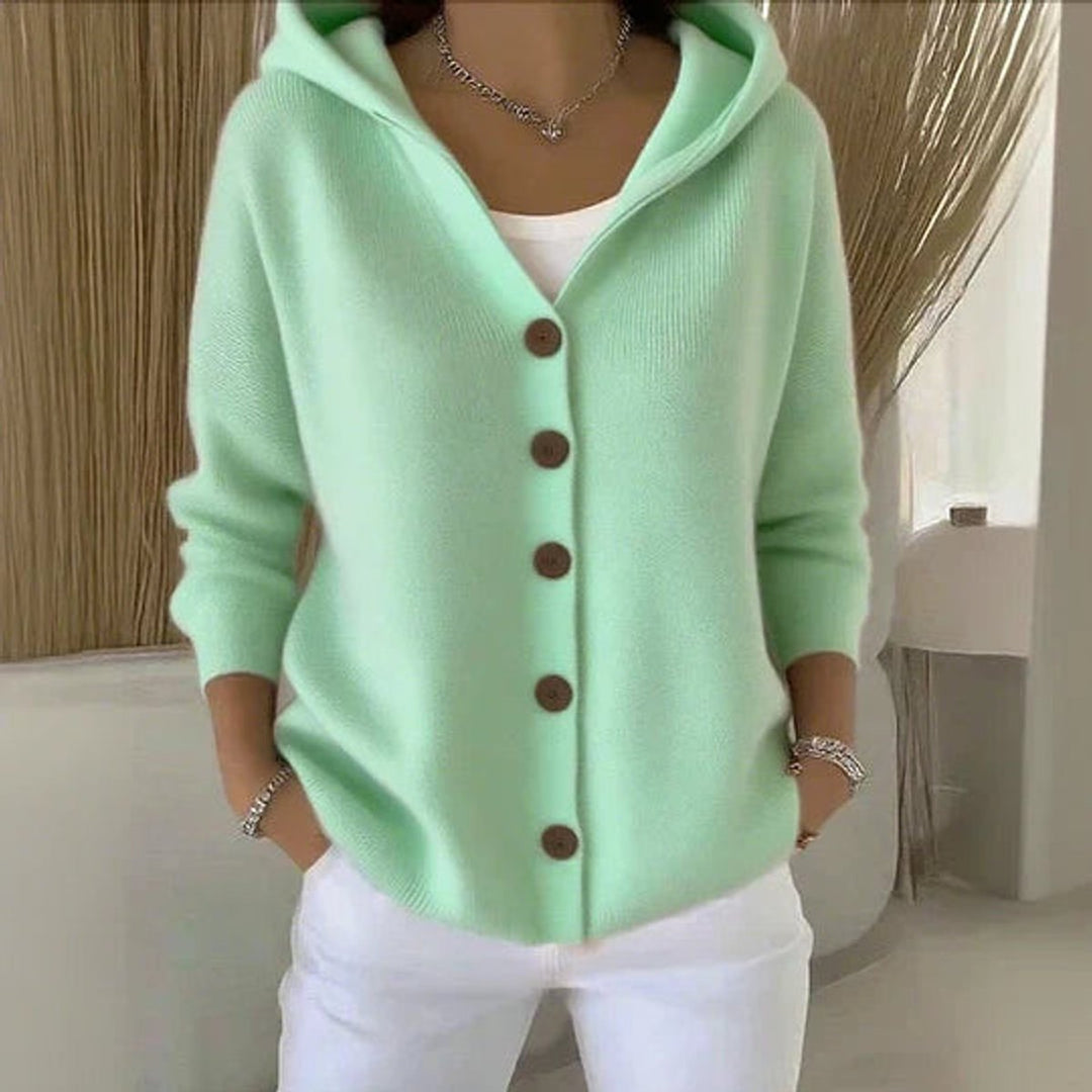Women's Hooded Button-Front Knit Cardigan Relaxed Ribbed Sweater