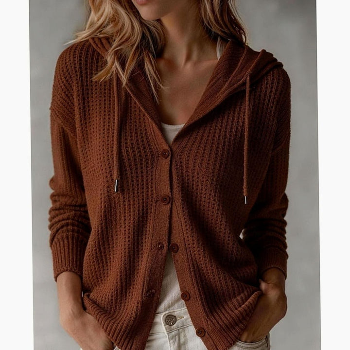 Women's Hooded Button-Front Ribbed Knit Cardigan Drawstring Sweater