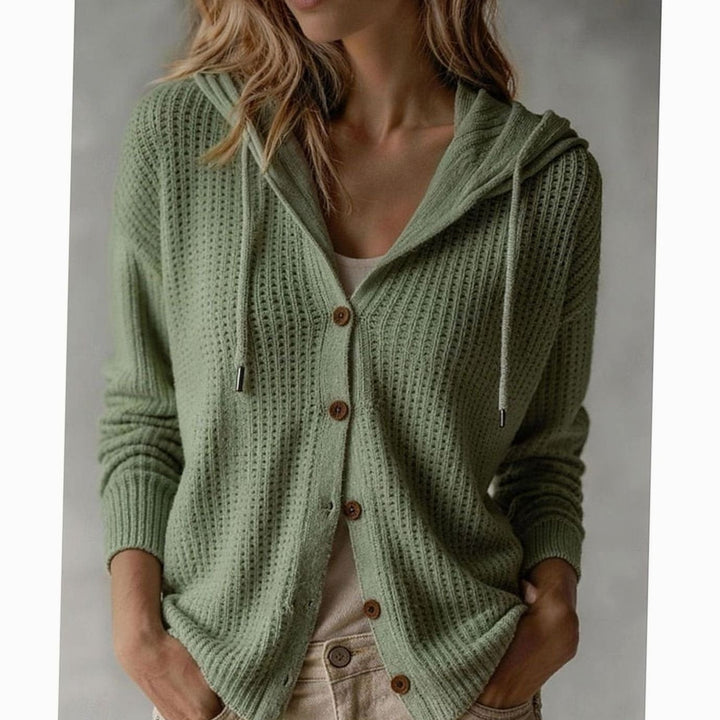 Women's Hooded Button-Front Ribbed Knit Cardigan Drawstring Sweater