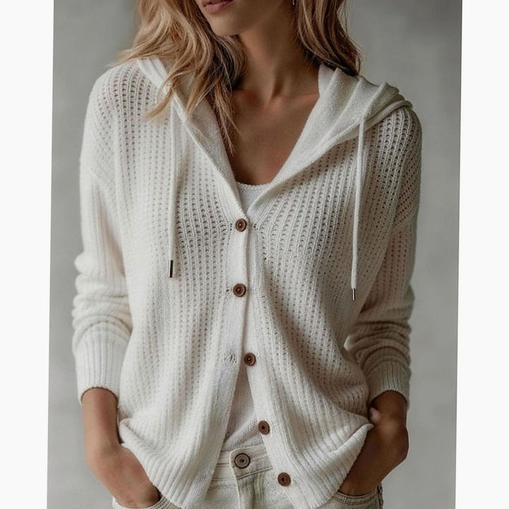 Women's Hooded Button-Front Ribbed Knit Cardigan Drawstring Sweater
