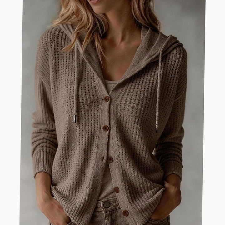 Women's Hooded Button-Front Ribbed Knit Cardigan Drawstring Sweater