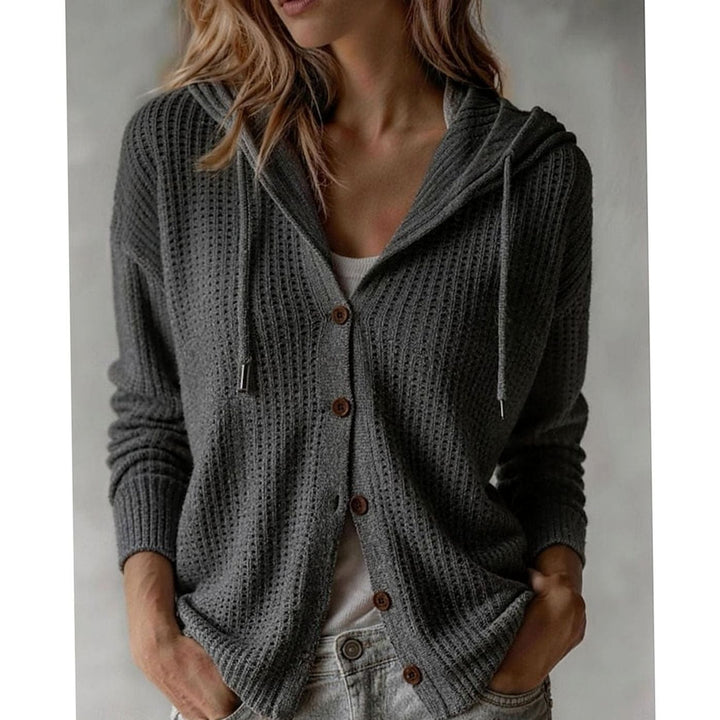 Women's Hooded Button-Front Ribbed Knit Cardigan Drawstring Sweater