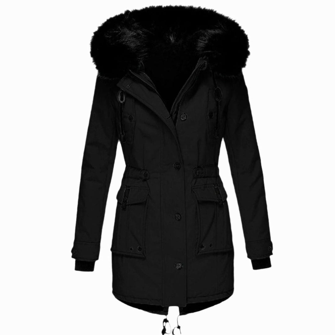 Women's Faux Fur Hood Insulated Parka Coat Drawstring Waist Winter Jacket