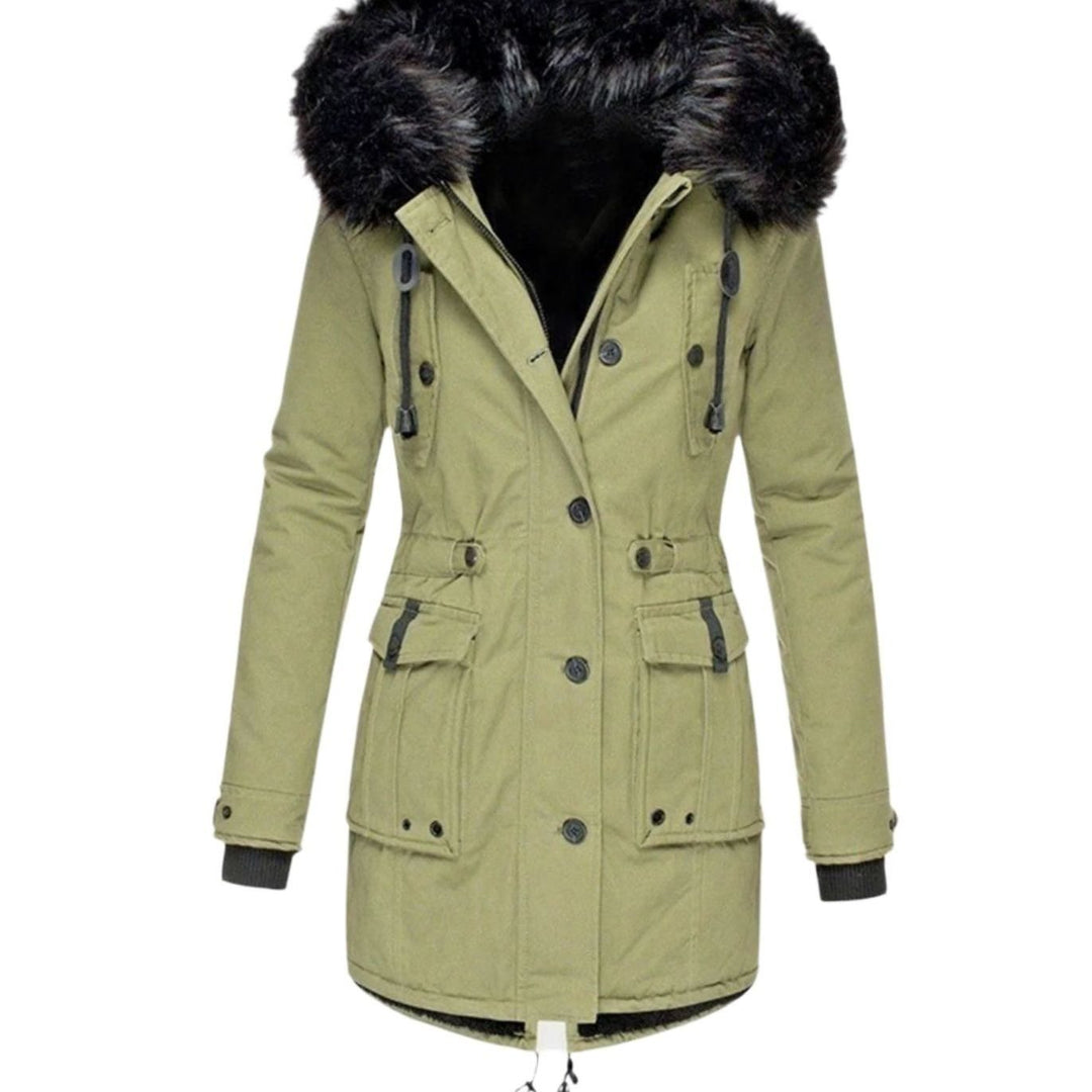 Women's Faux Fur Hood Insulated Parka Coat Drawstring Waist Winter Jacket