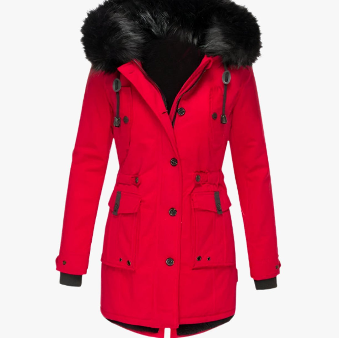 Women's Faux Fur Hood Insulated Parka Coat Drawstring Waist Winter Jacket