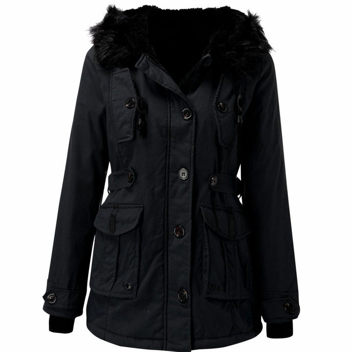 Women's Faux Fur Hood Insulated Parka Coat Drawstring Waist Winter Jacket