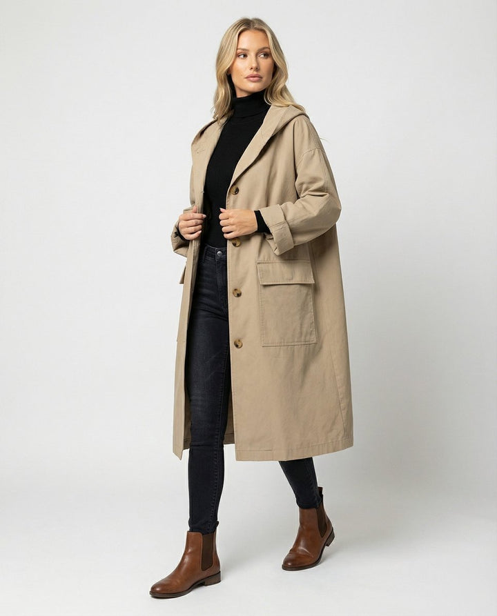 Women's Hooded Longline Trench Coat Button-Front Cotton Winter Overcoat