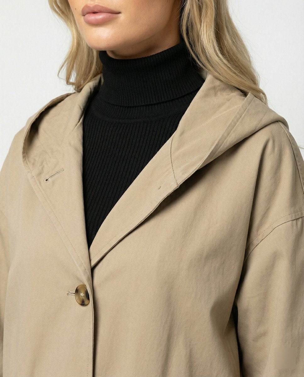 Women's Hooded Longline Trench Coat Button-Front Cotton Winter Overcoat