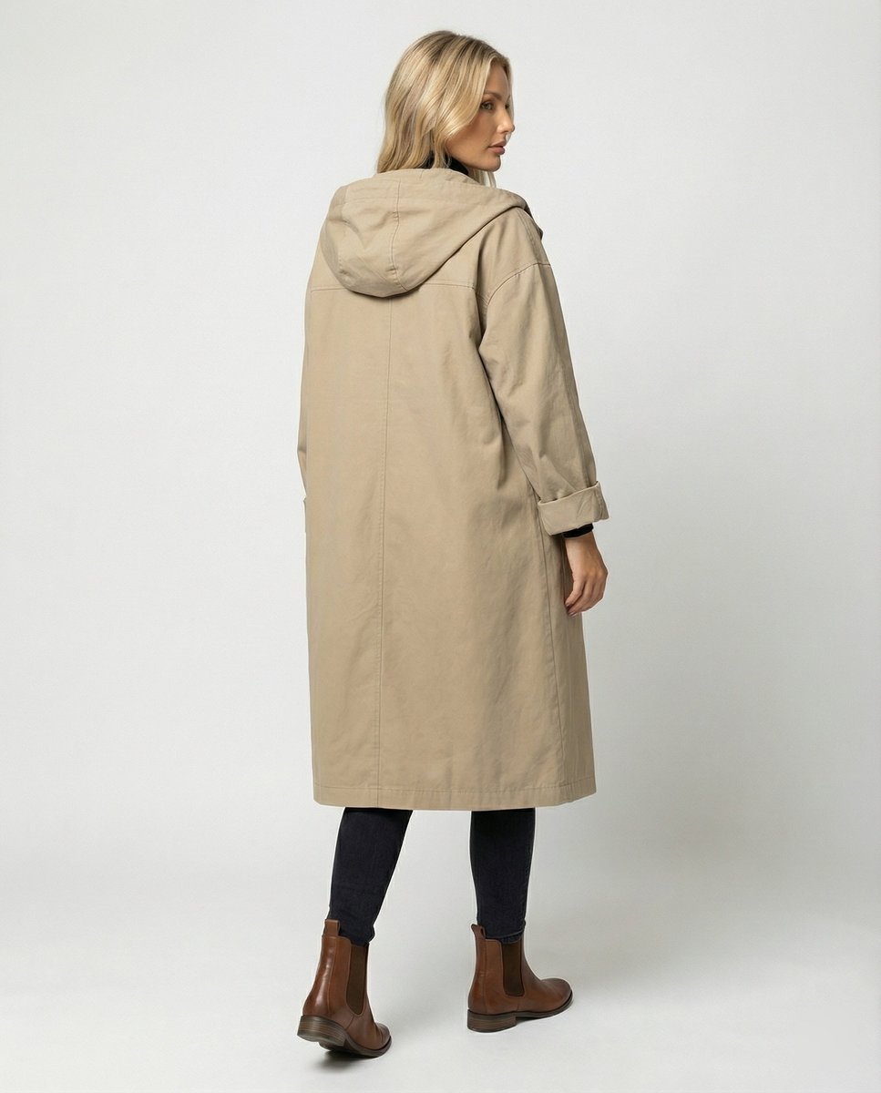 Women's Hooded Longline Trench Coat Button-Front Cotton Winter Overcoat