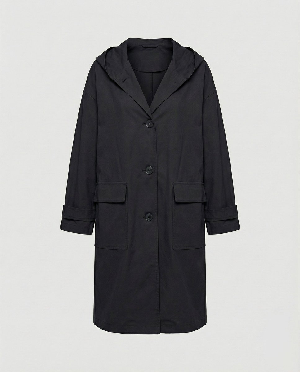 Women's Hooded Longline Trench Coat Button-Front Cotton Winter Overcoat