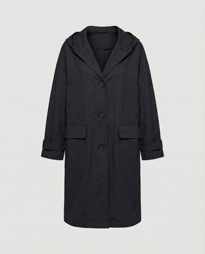 Women's Hooded Longline Trench Coat Button-Front Cotton Winter Overcoat