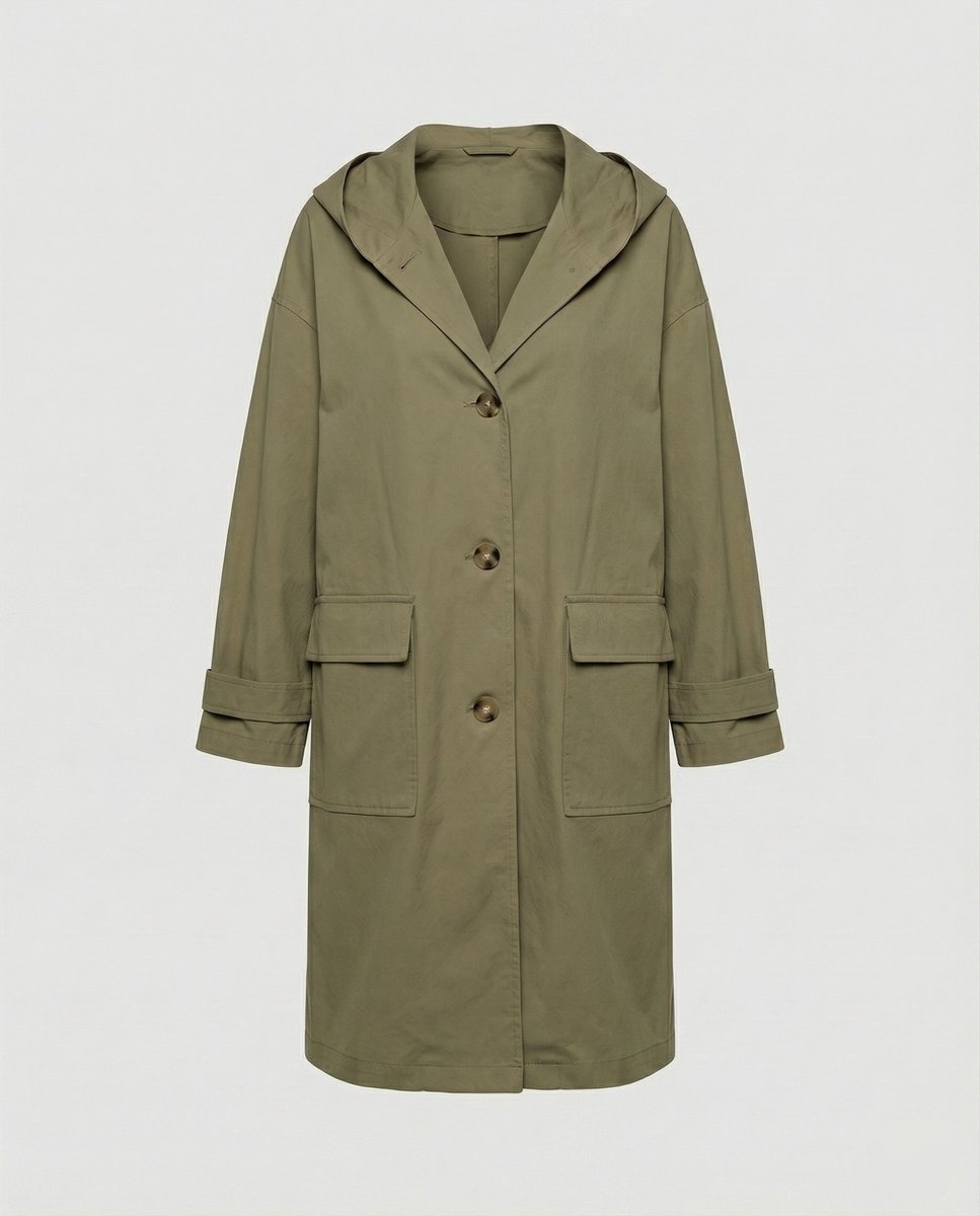 Women's Hooded Longline Trench Coat Button-Front Cotton Winter Overcoat
