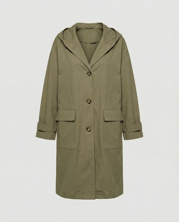 Women's Hooded Longline Trench Coat Button-Front Cotton Winter Overcoat