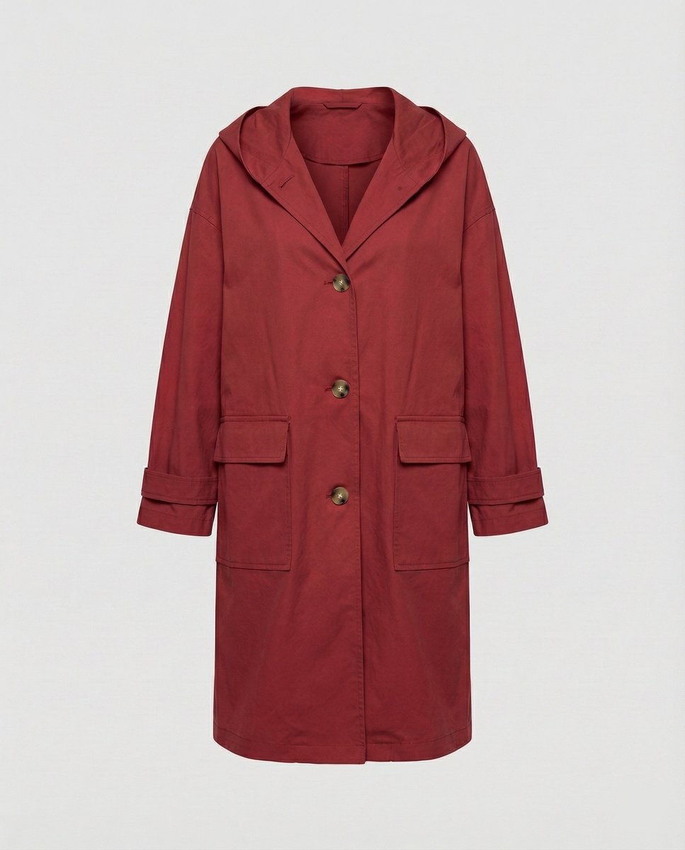 Women's Hooded Longline Trench Coat Button-Front Cotton Winter Overcoat