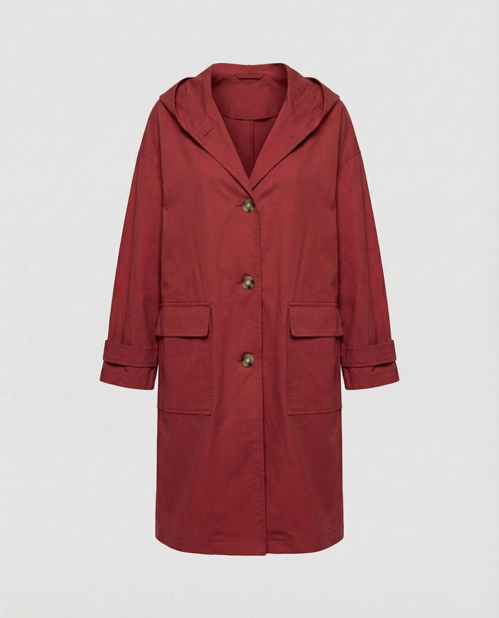 Women's Hooded Longline Trench Coat Button-Front Cotton Winter Overcoat