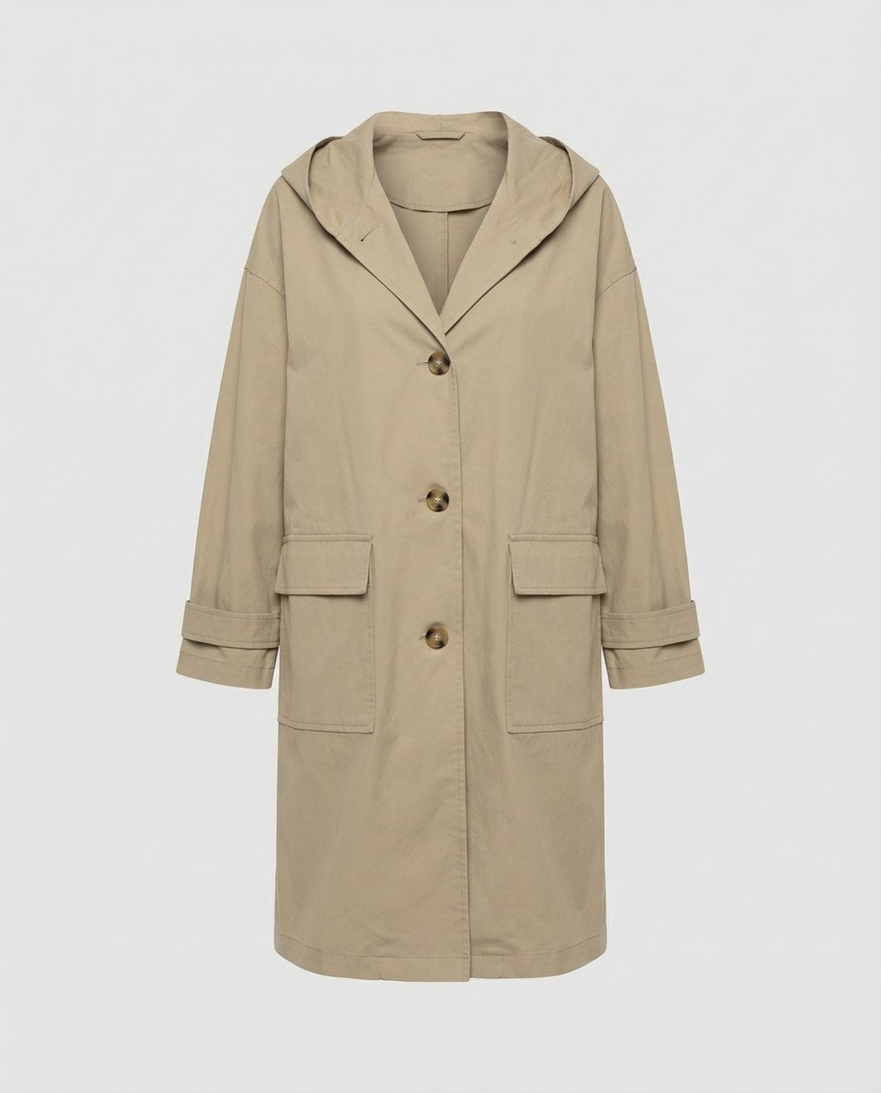 Women's Hooded Longline Trench Coat Button-Front Cotton Winter Overcoat
