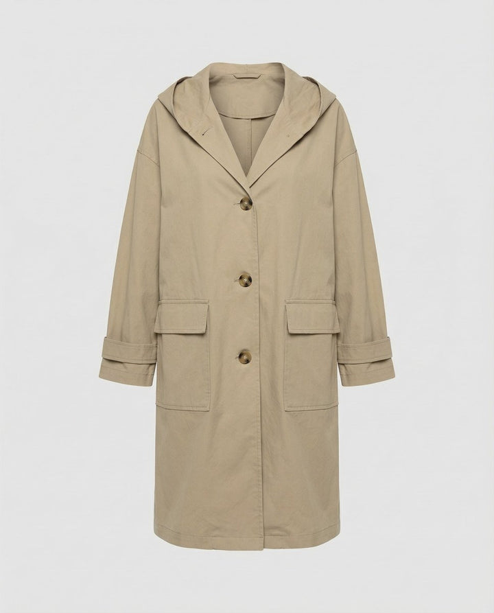Women's Hooded Longline Trench Coat Button-Front Cotton Winter Overcoat