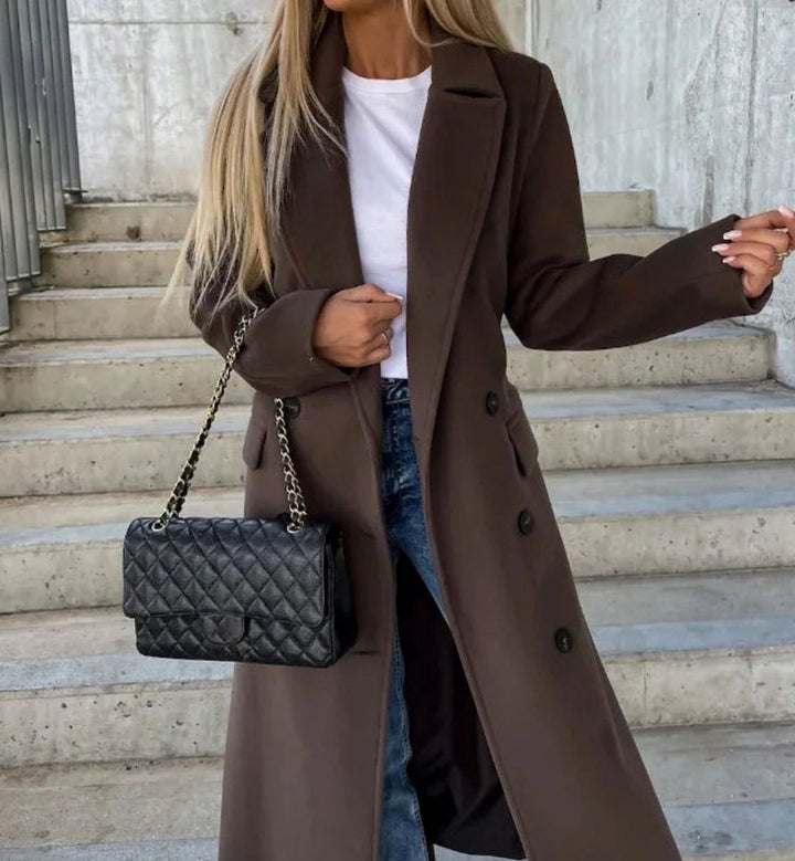 Women's Longline Double-Breasted Wool Coat Notch Lapel Winter Overcoat