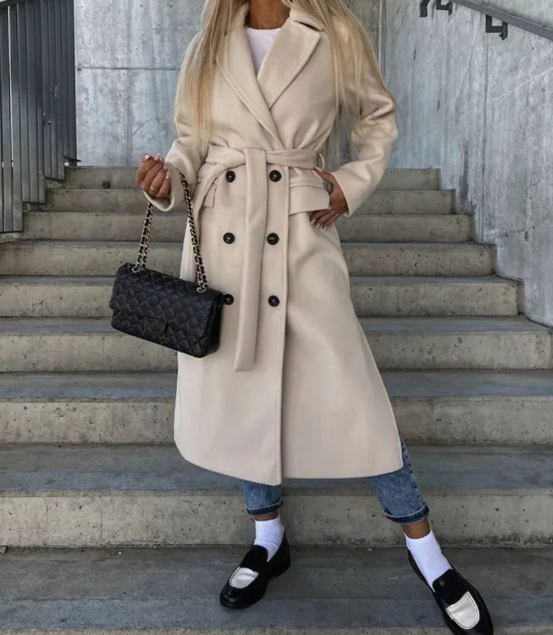 Women's Longline Double-Breasted Wool Coat Notch Lapel Winter Overcoat