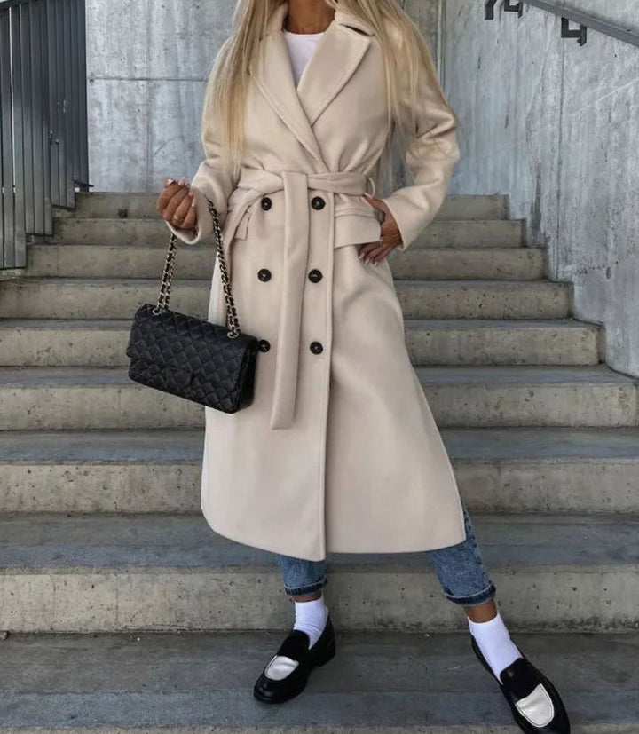 Women's Longline Double-Breasted Wool Coat Notch Lapel Winter Overcoat