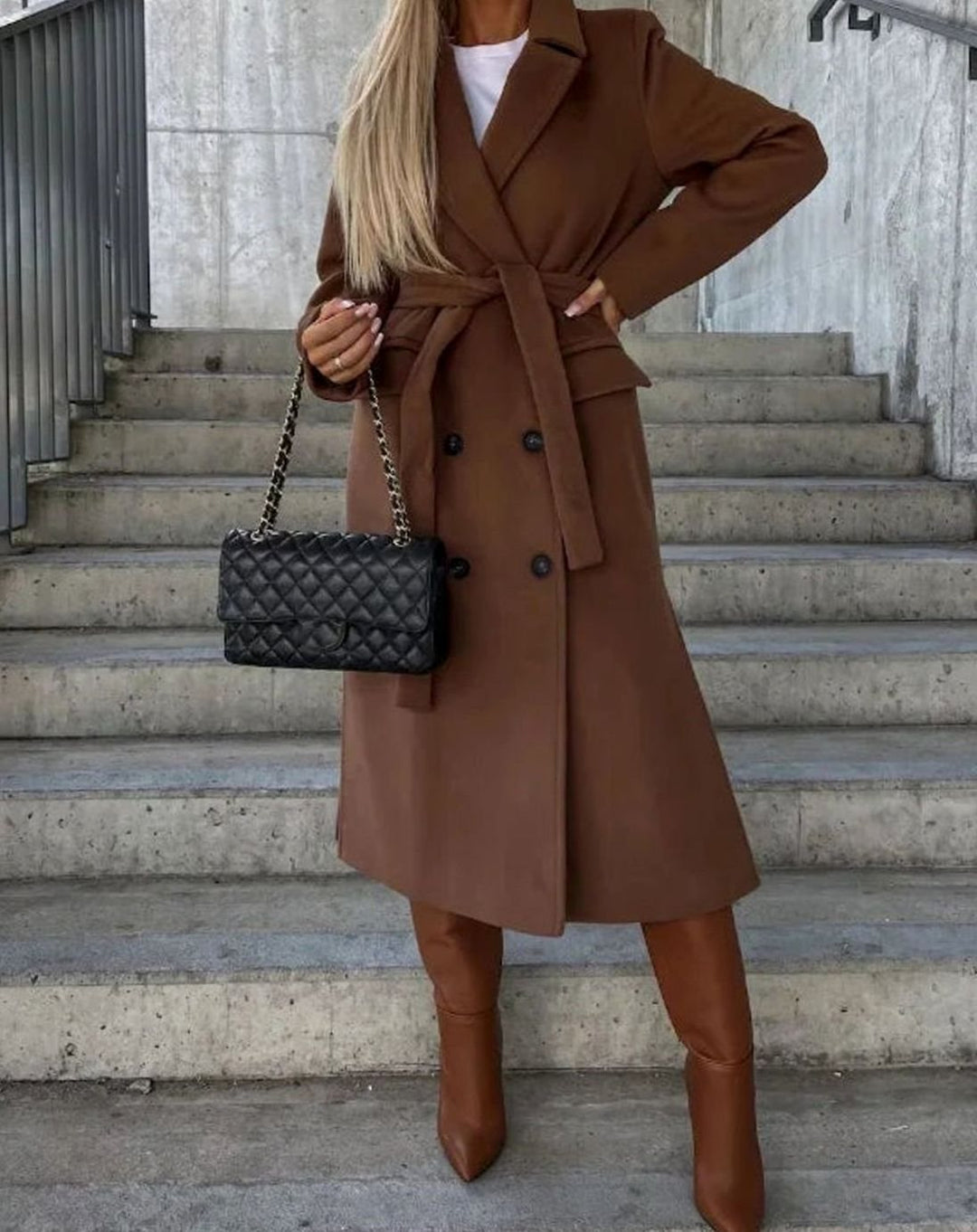 Women's Longline Double-Breasted Wool Coat Notch Lapel Winter Overcoat