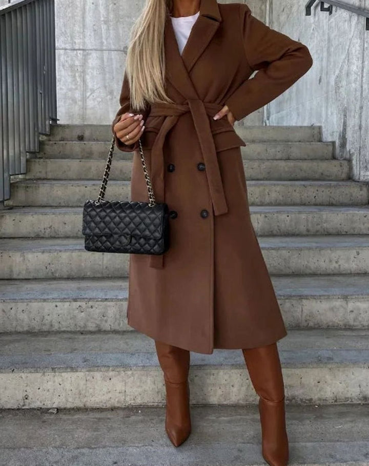 Women's Longline Double-Breasted Wool Coat Notch Lapel Winter Overcoat