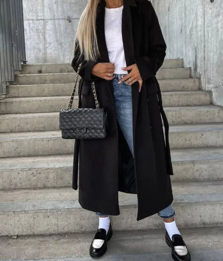 Women's Longline Double-Breasted Wool Coat Notch Lapel Winter Overcoat