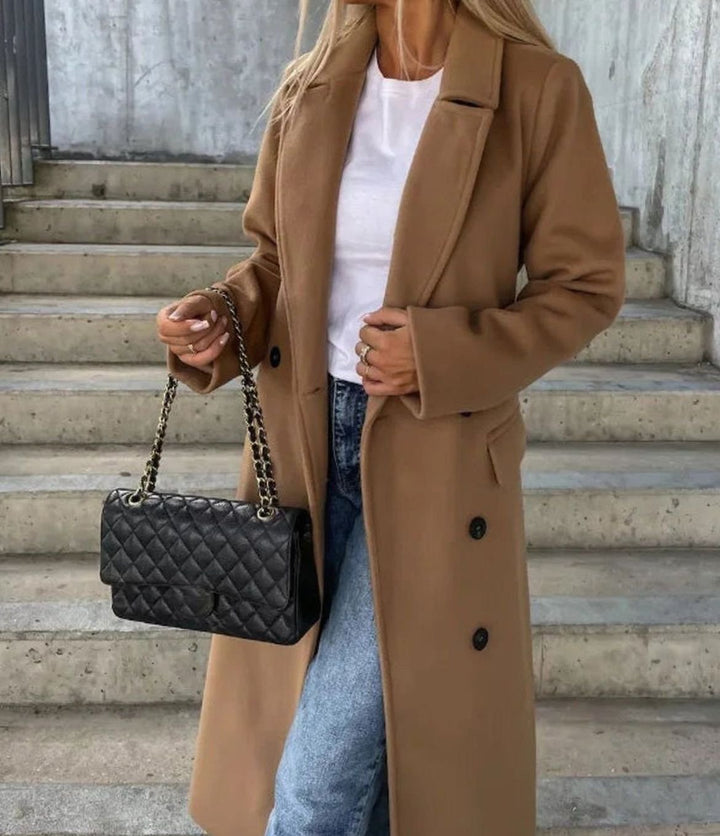 Women's Longline Double-Breasted Wool Coat Notch Lapel Winter Overcoat