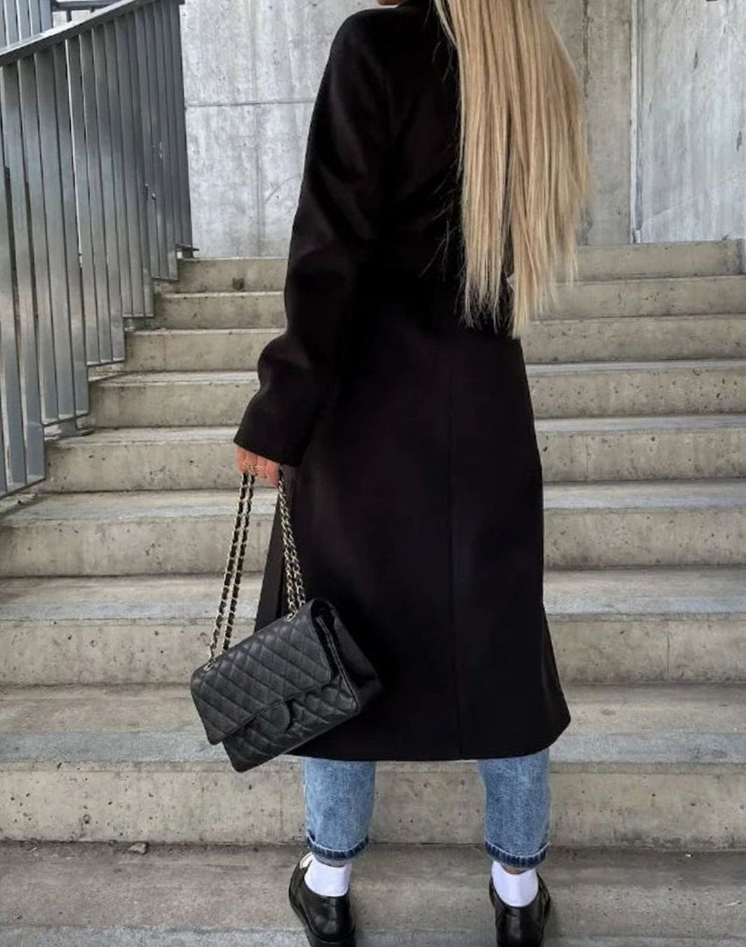Women's Longline Double-Breasted Wool Coat Notch Lapel Winter Overcoat
