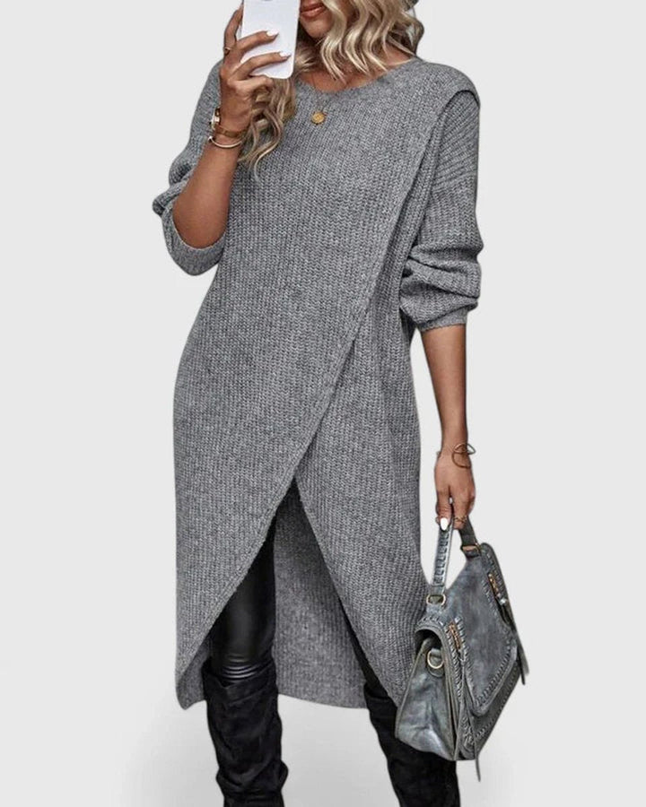 Women's Wrap-Hem Knit Sweater Dress Long-Sleeve Crewneck Tulip Tunic Winter